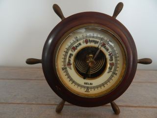 Vintage Nautical Ships Wheel Barometer Brass Wood Made In Germany - Stand Or Hang
