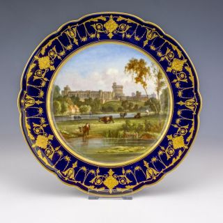 Antique French Porcelain - Hand Painted Windsor Plate - With Cobalt Blue Border