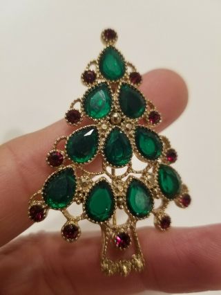 Vintage Filigree Christmas Tree Pin Green Red Stones Gems
