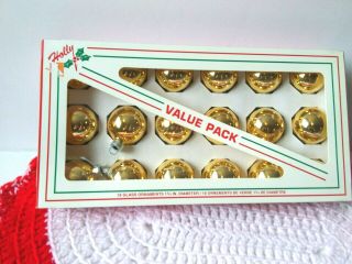 Vintage 18 Holly 1¾ " Gold Xmas Tree Glass Blown Ball Ornaments Box