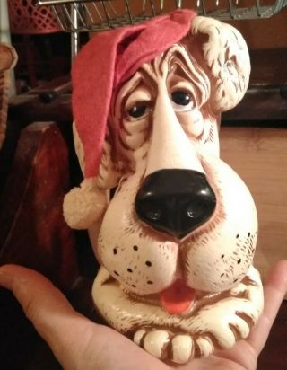 Vintage Plastic Hound Dog In Santa Hat Bank