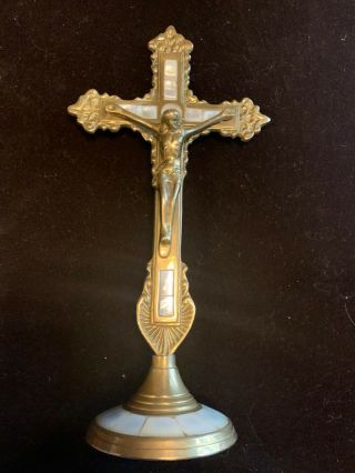 Vintage Standing Catholic Brass Jesus Crucifix With Inlaid Mother Of Pearl