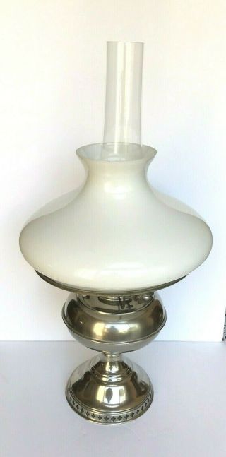 Antique " Rayo " Kerosene Oil Lamp Foot Nickel W/ White Shade