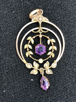 A Stunning 9 Ct Rose Gold Antique Art Nouveau Amethyst And Seed Pearl Pendant