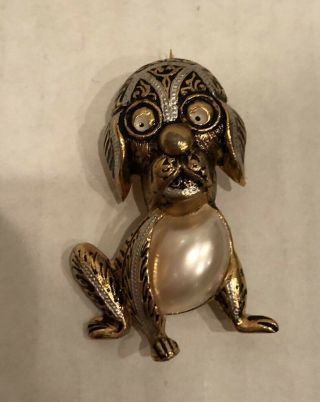 Vintage Spanish Gold Tone Damascene Dog Brooch Pin