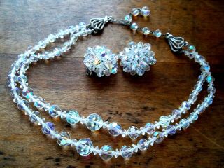 Vintage 2 Strand Aurora Borealis Crystal Beaded Necklace W/ Clip On Earrings -