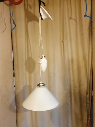 Antique French White Porcelain Rise & Fall Ceiling Pendant Light Coolie Shade
