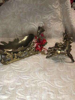 Vintage Brass Reindeer And Sleigh 14 Inches Long And 4 Inches Tall
