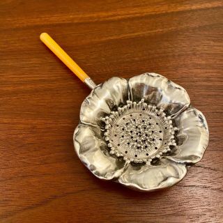 American Art Nouveau Sterling Silver Poppy Pattern Tea Strainer Bakelite Handle
