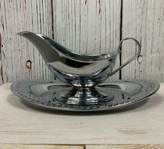 Stainless Steel/ Or Silver Gravy Sauce Boat With Tray Serving Cream Boat Vintage