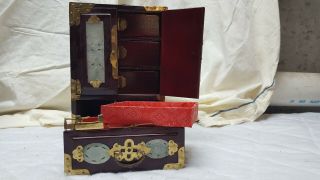 Vintage Oriental Rosewood Brass Decoration Themed Jewelry Box With Jade Inserts