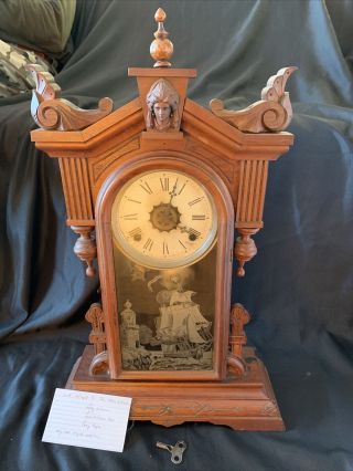 Antique Gilbert Carved Parlor Clock W Key 1885 Figural.  Ship Enterprise