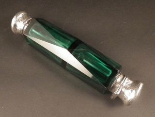 Lovely Large Victorian Green Glass & Silver Double Ended Scent / Perfume Bottle