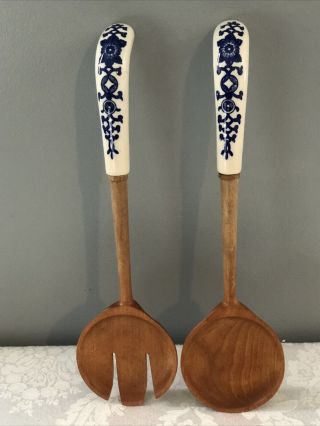 Vintage Blue Willow Salad Fork And Spoon Porcelain Handle Teak Wood Utensils
