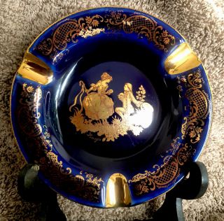 Vintage Limoges Castel France 22k Gold Rim & Cobalt Blue Round Ashtray 4.  5 "