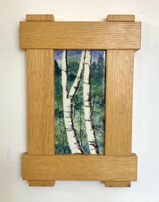 Framed Arts And Crafts Tile Roycroft Signed Birch Trees Blues & Greens