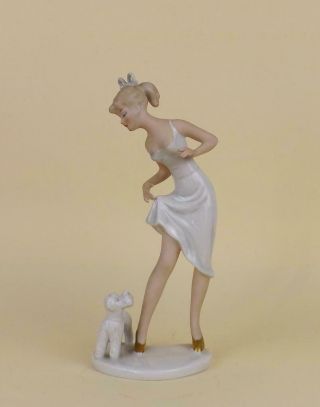 Antique Porcelain German Art Deco Figurine Of Lady With Dog By Wallendorf