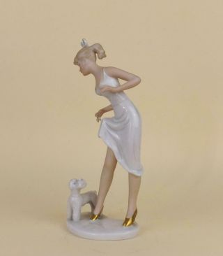 Antique Porcelain German Art Deco Figurine of Lady with Dog by Wallendorf 2