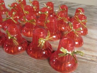 Vintage Christmas Lights Reflectors 23 Clear Red Plastic Bells Gold Bows Intact