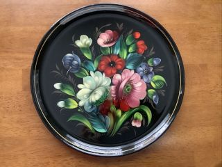Vintage Hand Painted Russian Metal Tray With Flowers Marked 13” Round
