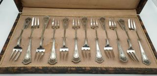 Cased Set Of 12 Dutch Antique Sterling Silver Olive / Oyster Forks Circa 1910