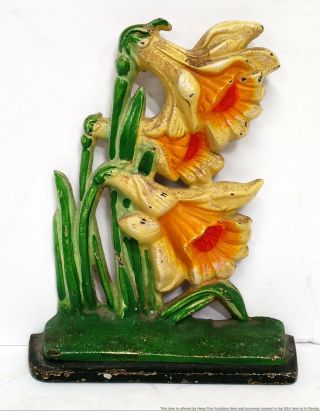 Antique Cast Iron Painted Doorstop Garden Daffodils 453