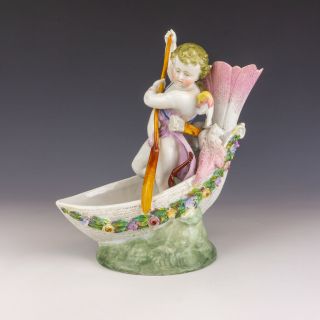 Antique Dresden German Porcelain - Flower Encrusted Cherub In Boat Figurine