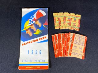 1956 Arlington Park Horse Racing Vintage Program W/ 23 Bet Race Tickets