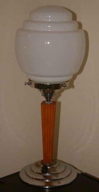 Orange Catalin Phenolic Bakelite & Chrome Art Deco Lamp Lampe Stepped Shade