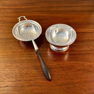 Cartier Sterling Silver & Wood Handle Tea Strainer W/ Drip Bowl - No Monogram