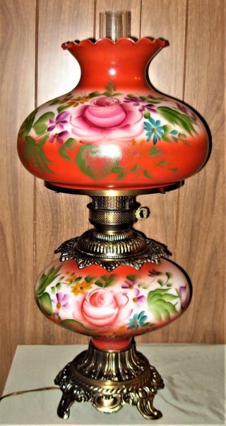 Captivating Antique Large Gwtw Lamp With Hand Painted Roses - 29 - 1/2 " Tall