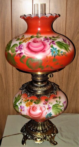 Captivating Antique Large GWTW Lamp with Hand Painted Roses - 29 - 1/2 