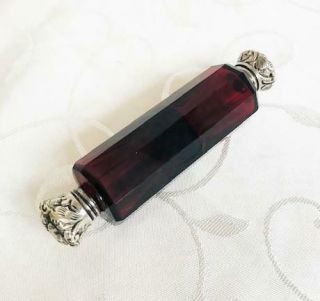 Antique Ruby Red Double Ended Perfume Scent Bottle Silver Lids Circa 1880
