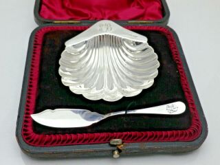 Antique Shef 1894 Cased Solid Sterling Silver Shell Butter Dish & Spreader (sey)
