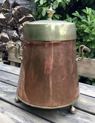Large Antique Circa 1830 Dutch Copper & Brass Hot Ash Bucket Coal Store
