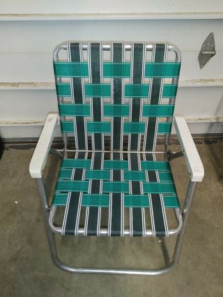 Vintage Mid Century Aluminum Webbed Folding Beach Lawn Chair Green