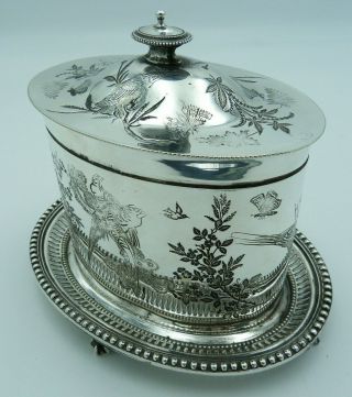 Victorian Silver Plated Tea Caddy Box - With Birds And Trees - Aesthetic Era