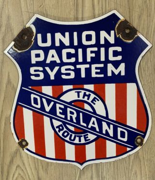 Vintage Union Pacific System The Overland Route 10”x10½” Porcelain Enamel Sign
