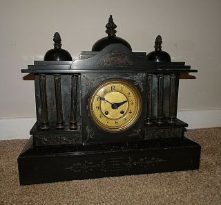 Antique 19th Century Architectural Slate Mantel Clock With Columns & Finials