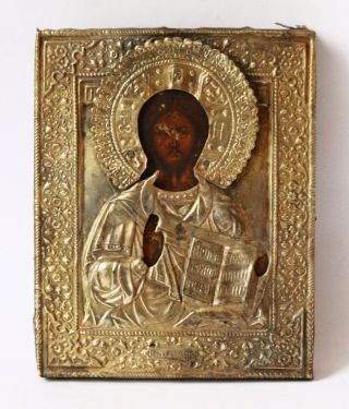 Antique 19thc Russian Hand Painted Wooden Icon Of Jesus Christ In Brass Riza