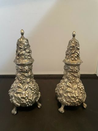 Antique Repousse Rose By Stieff Sterling Silver Salt & Pepper Shakers