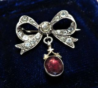 Antique French Victorian Paste Bow Brooch With Flat Cut Garnet Pendant Drop Pin