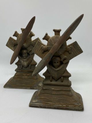 Cast Iron Charles Lindbergh Airplane Engine Bookends,  Circa 1930s,  Props Spin