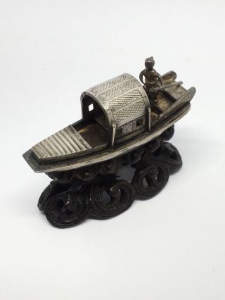 Chinese Silver Imported Junk Boat By Luen Wo With Carved Wooden Stand