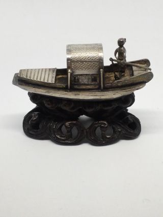Chinese Silver Imported Junk Boat by Luen Wo With Carved Wooden Stand 2
