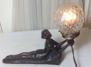 Art Decor Bronze Semi - Nude Lady Lamp W/ Glass Ball Shade Signed Chandler 1