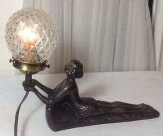 Art Decor Bronze Semi - Nude Lady Lamp w/ Glass Ball Shade Signed Chandler 1 2