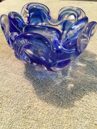 Vintage Clear & Blue Glass Ashtray Psychedelic Hippie Unique One Of A Kind Vtg