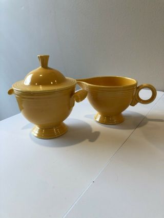 Vintage Yellow Fiestaware Sugar With Lid And Creamer Set