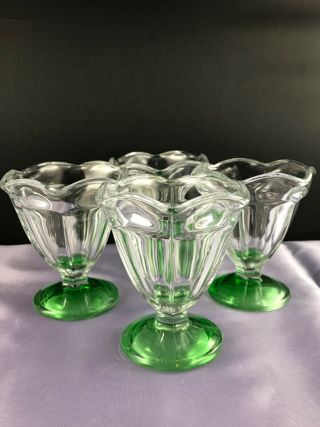 Vintage Anchor Hocking Crystal&green Retro Glass Sherbet Cups Set Of 4